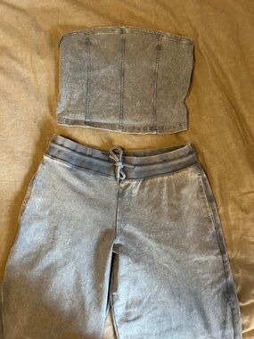 Pink Rose Washed Gray Corset Tube Top & Sweatpants Set - Large NWOT